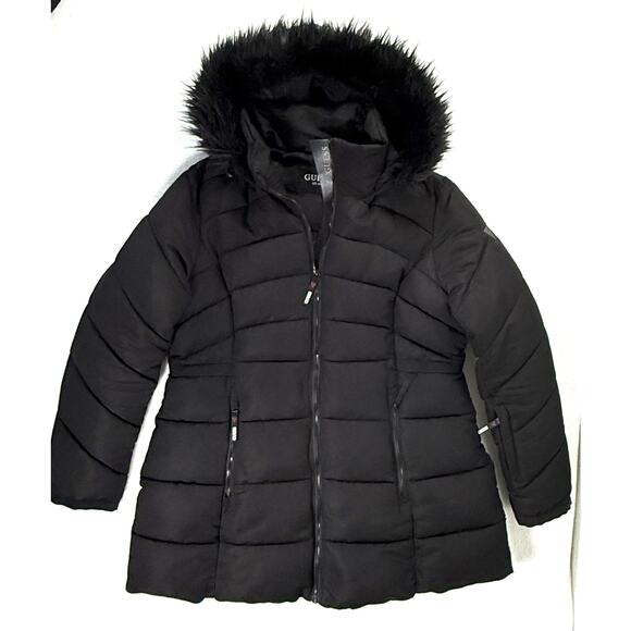 GUESS Down Quilted Puffer Parka Sz XL Faux Fur Trim Hood Mid-length Black - Picture 1 of 5